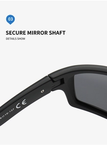 Macro detail of matte black sunglasses hinge with technical specifications and CE mark