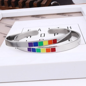 Adjustable rainbow enamel C-shaped stainless steel bangles with matte and polished finish