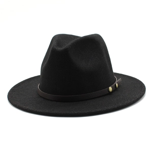 Classic black wool fedora hat with brown leather band and studs, 45-degree angle view