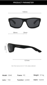 Detailed dimensions of sports sunglasses showing 140mm frame width and UV400 protection features
