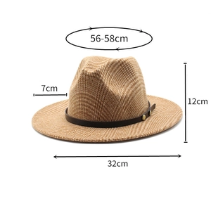 Brown plaid fedora hat dimensions showing 7cm brim, 12cm height, and 56-58cm head size