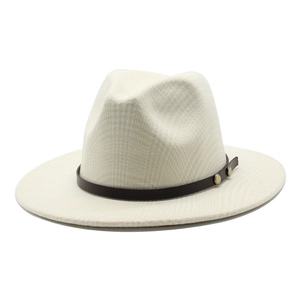 Classic beige fedora wool hat with dark brown leather band and gold stud detailing