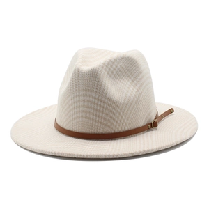 Classic wide brim fedora hat with beige houndstooth pattern and brown leather band