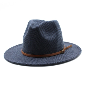 Classic blue and black plaid wool fedora hat with brown leather band and metal buckle