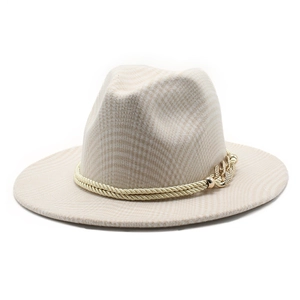 Elegant beige plaid wool jazz fedora hat with gold rope trim and eagle metal accessory