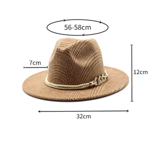 Brown houndstooth wool fedora with decorative gold chain and braided band detail
