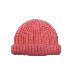 Kids warm coral pink knitted beanie hat with classic ribbed pattern for autumn and winter