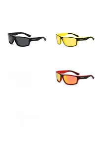 Close-up of five color variants of polarized sports sunglasses with anti-slip rubber arms