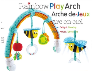 Rainbow play arch with hanging plush bee, rattle, and mirror for baby strollers