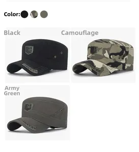 Detail of cotton flat top army cap with U.S. ARMY embroidery and metal side vents