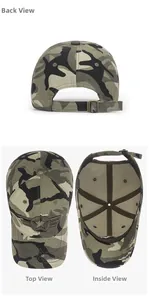 Detailed views of the camouflage baseball cap showing the back, top, and inner structure