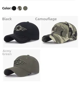 Detail of embroidered star and wing emblems on military style cotton baseball caps