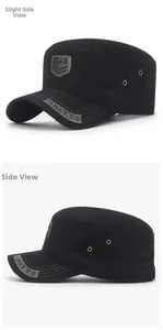 Detail of black military flat top cap with U.S. ARMY embroidery and metal side eyelets
