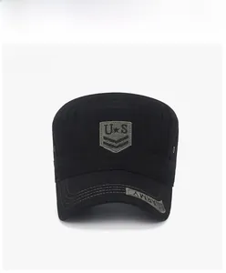 Front view of black cotton cadet cap with U.S. Army star shield embroidery and side patch