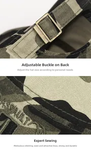 Detail of camouflaged flat top hat showing adjustable metal buckle and fine stitching
