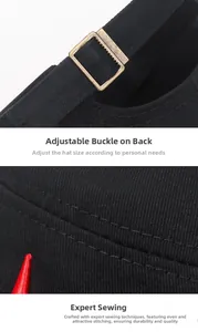 Detail of black cap showing adjustable metal buckle and precision red embroidery logo