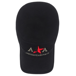 Black cotton cadet cap with embroidered red star and army lettering in a flat top style