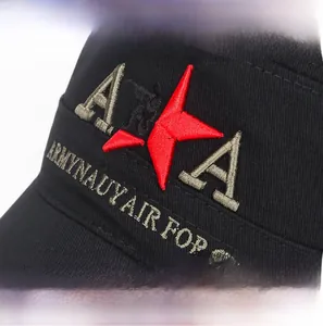 Detailed close-up of 3D embroidery with red star and military text on a cotton army cap