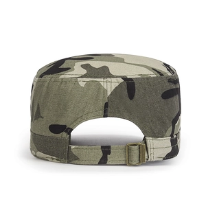 Classic woodland camouflage patrol cap with adjustable brass buckle on the back view
