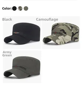 Close-up of military-style cadet caps with detailed embroidery and camouflage patterns