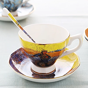 Van Gogh Sower oil painting bone china coffee cup set with gold trim saucer and spoon