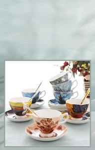 Detail of Van Gogh oil painting bone china coffee cup set with gold rim and spoon