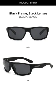 Detailed front and side view of matte black sports sunglasses with dark grey lenses