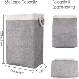 65L grey foldable laundry basket with cotton rope handles for bathroom organization