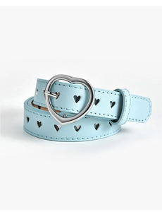 Close-up of light blue leather belt featuring silver heart buckle and heart-shaped cutouts
