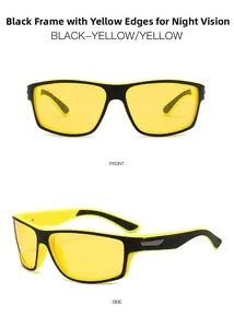 Front and side views of black and yellow sports night vision sunglasses with yellow lenses