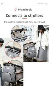 Grey multifunctional diaper bag attached to stroller via specialized durable hooks