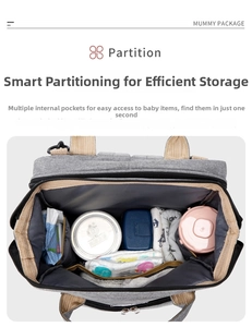 Macro view showing internal multi-pocket layout for baby bottles and diapers