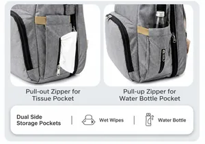 Detail of grey diaper backpack showing side pockets for wet wipes and water bottles