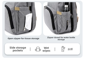 Detail of grey diaper backpack showing side pockets for wet wipes and water bottles