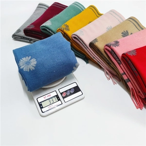 Close-up of winter camellia pattern scarf showing tassel details and weight of 337 grams