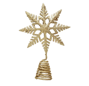 Close-up of golden glitter snowflake Christmas tree topper with spiral base
