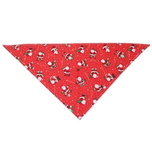 Detailed view of red cotton dog bandana featuring cartoon Santa sports patterns