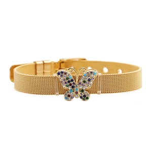 Adjustable golden mesh bracelet with a colorful rhinestone butterfly charm for men