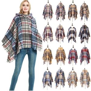 Women's plaid hooded poncho shawl with tassels available in multiple vibrant color patterns