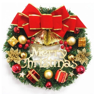 30cm Christmas wreath featuring red bows, gold bells and Merry Christmas sign on white background
