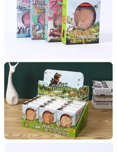 Detailed display of dinosaur excavation kits packaging for ages 6 and above