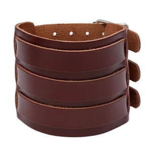 Vintage brown leather wide cuff bracelet with triple strap punk motorcycle style design