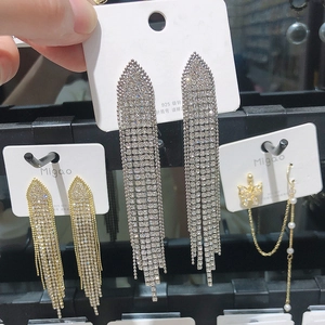 Detailed view of silver long fringe rhinestone earrings with 925 silver needles