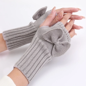 Knitted Fingerless Gloves Acrylic Warm Winter Bowknot Decoration Solid Color Wrist Sleeves For Women