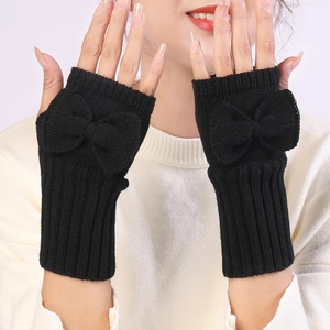 Black knitted fingerless gloves with bow decoration, warm winter arm warmers for women