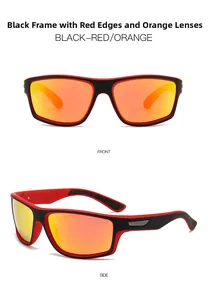 Polarized sports sunglasses featuring black-red frame and orange mirror lenses in dual view