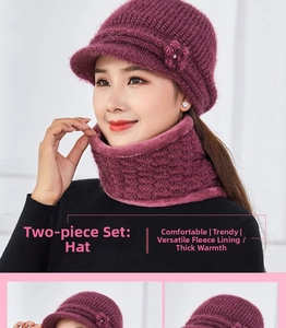 Detail view of winter knit hat and neck warmer set with thick fleece lining in burgundy