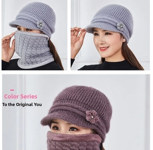 Close-up of winter knit beanie and neck warmer set with floral decoration for elderly women