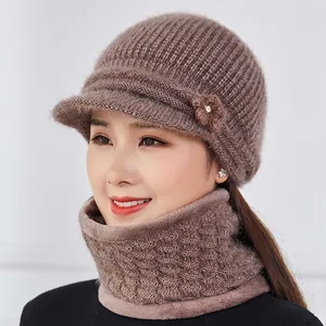 Winter thermal knit hat and scarf set for elderly women with floral accent in coffee brown