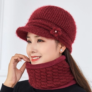 Winter fleece-lined knit hat and scarf set for elderly women with flower detail